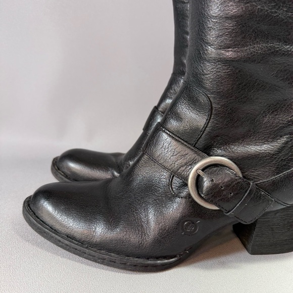 Born Shaylee Black Leather Tall Buckle Heeled Knee-High Boots - Picture 5 of 16